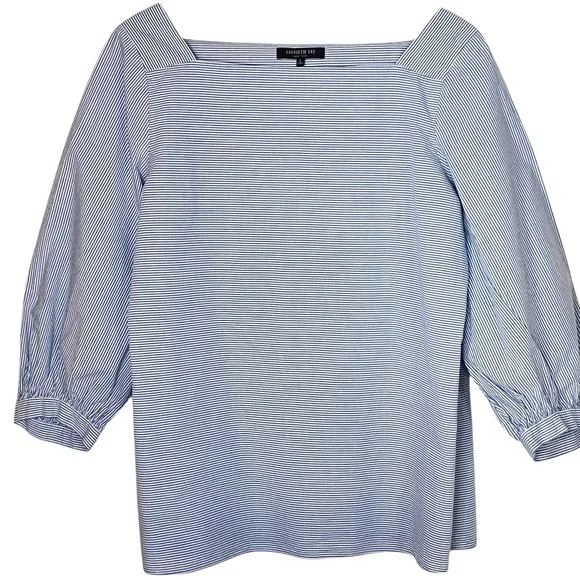 Lafayette 148 New York Blue Pinstripe 100% Cotton Square Neck Puff Sleeve Top L - Picture 6 of 6